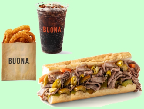 Buona Italian beef, onion rings, & pop